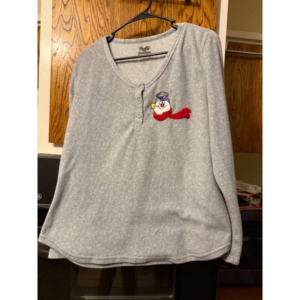 Frosty the Snowman Gray Fleece Henley Pajama Top Long Sleeve Women Large 12-14